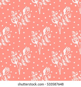 Seamless vector hand drawn seamless floral  pattern. Red background with flowers, leaves, dots. Decorative cute graphic drawn illustration. Template for background, wrapping, wallpaper..