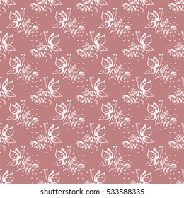 Seamless vector hand drawn seamless floral  pattern with insect  Pink background with flowers, leaves butterfly Decorative cute graphic drawn illustration Template for background, wrapping, wallpaper