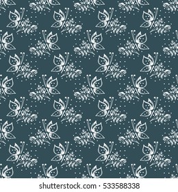 Seamless vector hand drawn seamless floral  pattern with insect Blue background with flowers, leaves butterfly Decorative cute graphic drawn illustration Template for background, wrapping, wallpaper