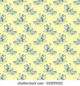 Seamless vector hand drawn seamless floral  pattern with insect.  background with flowers, leaves, butterfly Decorative cute graphic drawn illustration Template for background, wrapping, wallpaper.