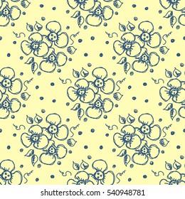 Seamless vector hand drawn seamless floral  pattern. Yellow background with flowers, leaves, dots. Decorative cute graphic drawn illustration Template for background wrapping, wallpaper.