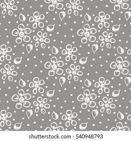 Seamless vector hand drawn seamless floral  pattern. Grey background with flowers, leaves, dots. Decorative cute graphic drawn illustration Template for background, wrapping, wallpaper..