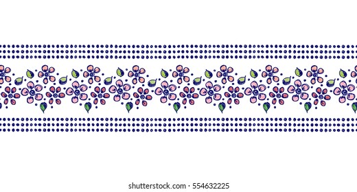 Seamless vector hand drawn floral pattern, endless border Colorful frame with flowers, leaves. Decorative cute graphic line drawing illustration. Print for wrapping, background, fabric, decor textile