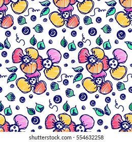 Seamless vector hand drawn floral pattern. Colorful Background with flowers, leaves. Decorative cute graphic line drawing illustration. Print for wrapping, background, fabric, decor, textile surface
