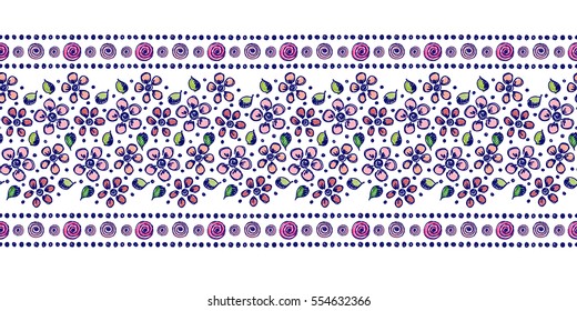 Seamless vector hand drawn floral pattern, endless border Colorful frame with flowers, leaves. Decorative cute graphic line drawing illustration. Print for wrapping, background, fabric, decor textile