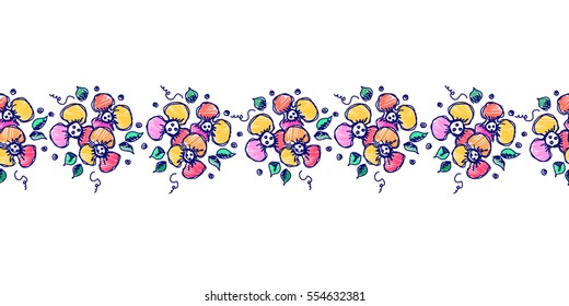 Seamless vector hand drawn floral pattern, endless border Colorful frame with flowers, leaves. Decorative cute graphic line drawing illustration. Print for wrapping, background, fabric, decor textile