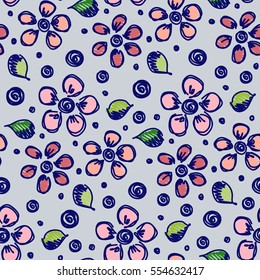 Seamless vector hand drawn floral pattern. Colorful Background with flowers, leaves. Decorative cute graphic line drawing illustration. Print for wrapping, background, fabric, decor, textile, surface.