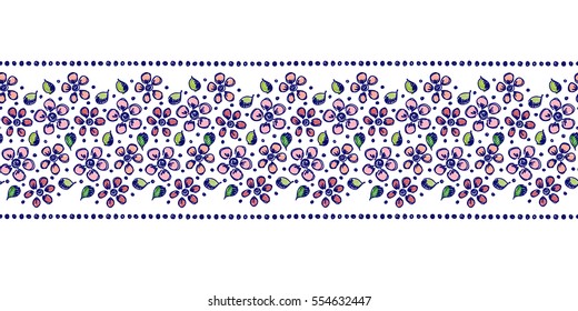 Seamless vector hand drawn floral pattern, endless border Colorful frame with flowers, leaves. Decorative cute graphic line drawing illustration. Print for wrapping, background, fabric, decor textile