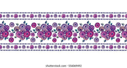 Diseño floral sin manchas, interminable borde Margen colorido con flores, hojas Dibujo gráfico adorable decorativo. Impresión para envolver, fondo, tela, decoración, textil