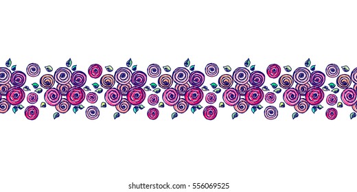 Seamless vector hand drawn floral pattern, endless border Colorful frame with flowers, leaves Decorative cute graphic line drawing illustration. Print for wrapping, background, fabric, decor, textile