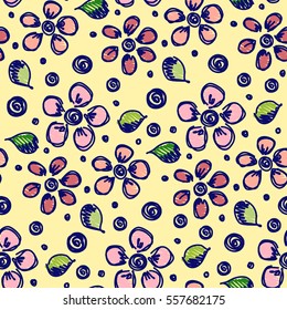 Seamless vector hand drawn floral pattern. Colorful Background with flowers, leaves. Decorative cute graphic line drawing illustration. Print for wrapping, background, fabric, decor, textile, surface.