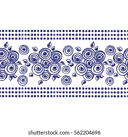Seamless vector hand drawn floral pattern, endless border frame with flowers, leaves. Decorative cute graphic line drawing illustration. Print for wrapping, background, fabric, decor, textile surface