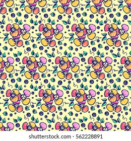 Seamless vector hand drawn floral pattern. Colorful background with flowers, leaves, dots. Decorative cute graphic line drawing illustration. Print for wrapping, background, fabric, decor, textile.