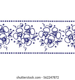 Seamless vector hand drawn floral pattern, endless border Frame with flowers, leaves. Decorative cute graphic line drawing illustration Print for wrapping, background, fabric, decor, textile, surface