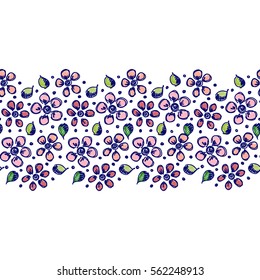 Seamless vector hand drawn floral pattern, endless border Colorful frame with flowers, leaves Decorative cute graphic line drawing illustration. Print for wrapping, background, fabric, decor, textile