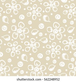 Seamless vector hand drawn floral pattern. Beige background with flowers, leaves. Decorative cute graphic line drawing illustration. Print for wrapping, background, fabric, decor, textile surface