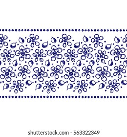 Seamless vector hand drawn floral pattern, endless border frame with flowers, leaves. Decorative cute graphic line drawing illustration Print for wrapping, background, fabric, decor, textile, surface
