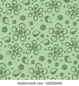 Seamless vector hand drawn floral pattern. Green background with flowers, leaves. Decorative cute graphic line drawing illustration. Print for wrapping, background, fabric, decor, textile, surface.