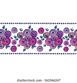 Seamless vector hand drawn floral pattern, endless border Colorful frame with flowers, leaves. Decorative cute graphic line drawing illustration. Print for wrapping, background, fabric, decor textile