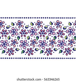 Seamless vector hand drawn floral pattern, endless border Colorful frame with flowers, leaves. Decorative cute graphic line drawing illustration. Print for wrapping, background, fabric, decor textile