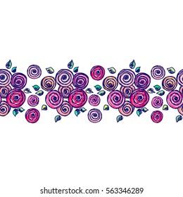 Seamless vector hand drawn floral pattern, endless border Colorful frame with flowers, leaves. Decorative cute graphic line drawing illustration. Print for wrapping, background, fabric, decor textile