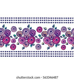 Seamless vector hand drawn floral pattern, endless border Colorful frame with flowers, leaves. Decorative cute graphic line drawing illustration. Print for wrapping, background, fabric, decor textile