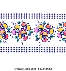 Seamless vector hand drawn floral pattern, endless border Colorful frame with flowers, leaves. Decorative cute graphic line drawing illustration. Print for wrapping, background, fabric, decor textile