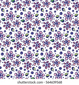 Seamless vector hand drawn floral pattern. Colorful background with flowers, leaves, dots. Decorative cute graphic line drawing illustration. Print for wrapping, background, fabric, decor, textile.