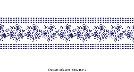 Seamless vector hand drawn floral pattern, endless border frame with flowers, leaves. Decorative cute graphic line drawing illustration Print for wrapping, background, fabric, decor, textile, surface