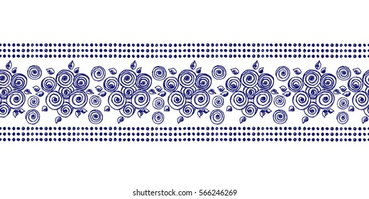 Seamless vector hand drawn floral pattern, endless border frame with flowers, leaves. Decorative cute graphic line drawing illustration Print for wrapping, background, fabric, decor, textile, surface