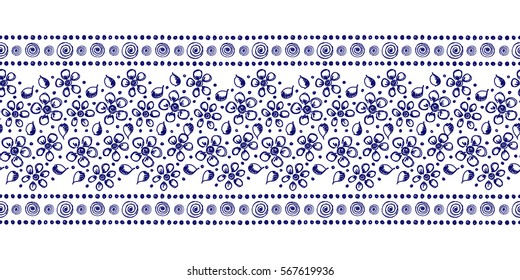 Seamless vector hand drawn floral pattern, endless border frame with flowers, leaves. Decorative cute graphic line drawing illustration. Print for wrapping, background, fabric, decor, textile, surface