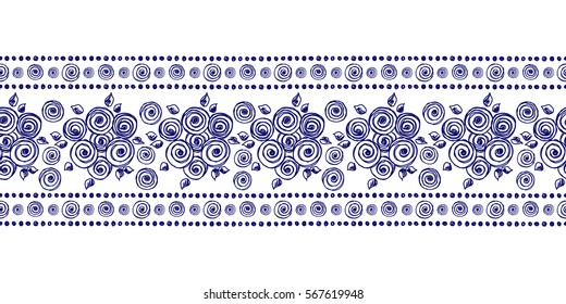 Seamless vector hand drawn floral pattern, endless border frame with flowers, leaves. Decorative cute graphic line drawing illustration. Print for wrapping, background, fabric, decor, textile, surface