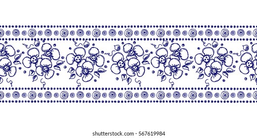 Seamless vector hand drawn floral pattern, endless border frame with flowers, leaves. Decorative cute graphic line drawing illustration. Print for wrapping, background, fabric, decor, textile, surface