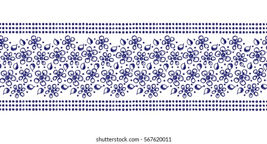 Seamless vector hand drawn floral pattern, endless border frame with flowers, leaves. Decorative cute graphic line drawing illustration. Print for wrapping, background, fabric, decor, textile, surface