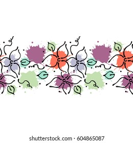 Seamless vector hand drawn floral pattern, endless border Colorful frame with flowers, leaves. Decorative cute graphic line drawing illustration. Print for wrapping, background, fabric, decor, textile
