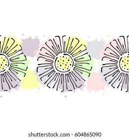 Seamless vector hand drawn floral pattern, endless border Colorful frame with flowers, leaves. Decorative cute graphic line drawing illustration. Print for wrapping, background, fabric, decor, textile