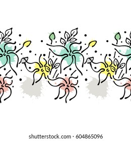 Seamless vector hand drawn floral pattern, endless border Colorful frame with flowers, leaves. Decorative cute graphic line drawing illustration. Print for wrapping, background, fabric, decor, textile