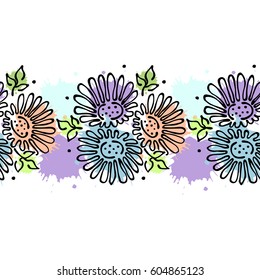 Seamless vector hand drawn floral pattern, endless border Colorful frame with flowers, leaves. Decorative cute graphic line drawing illustration. Print for wrapping, background, fabric, decor, textile