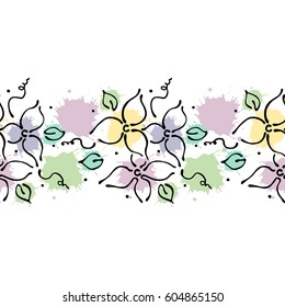 Seamless vector hand drawn floral pattern, endless border Colorful frame with flowers, leaves. Decorative cute graphic line drawing illustration. Print for wrapping, background, fabric, decor, textile