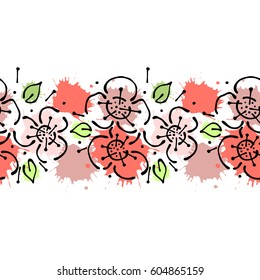 Seamless vector hand drawn floral pattern, endless border Colorful frame with flowers, leaves. Decorative cute graphic line drawing illustration. Print for wrapping, background, fabric, decor, textile