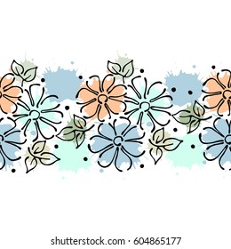 Seamless vector hand drawn floral pattern, endless border Colorful frame with flowers, leaves. Decorative cute graphic line drawing illustration. Print for wrapping, background, fabric, decor, textile