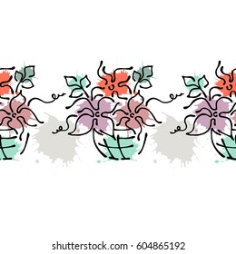 Seamless vector hand drawn floral pattern, endless border Colorful frame with flowers, leaves. Decorative cute graphic line drawing illustration. Print for wrapping, background, fabric, decor, textile