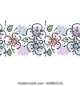 Seamless vector hand drawn floral pattern, endless border Colorful frame with flowers, leaves. Decorative cute graphic line drawing illustration. Print for wrapping, background, fabric, decor, textile