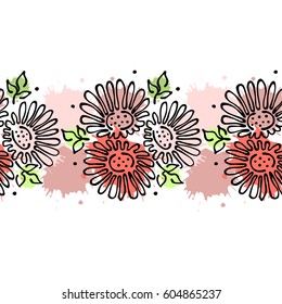 Seamless vector hand drawn floral pattern, endless border Colorful frame with flowers, leaves. Decorative cute graphic line drawing illustration. Print for wrapping, background, fabric, decor, textile
