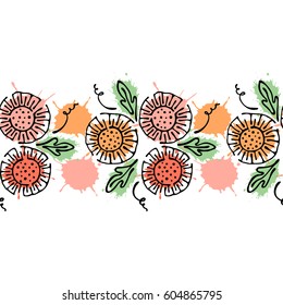 Seamless vector hand drawn floral pattern, endless border Colorful frame with flowers, leaves. Decorative cute graphic line drawing illustration. Print for wrapping, background, fabric, decor, textile