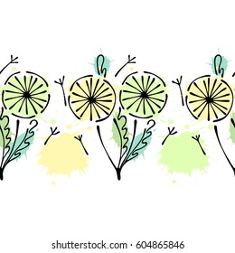 Seamless vector hand drawn floral pattern, endless border Colorful frame with flowers, leaves. Decorative cute graphic line drawing illustration. Print for wrapping, background, fabric, decor, textile