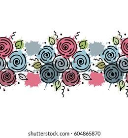 Seamless vector hand drawn floral pattern, endless border Colorful frame with flowers, leaves. Decorative cute graphic line drawing illustration. Print for wrapping, background, fabric, decor, textile