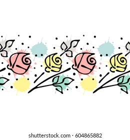 Seamless vector hand drawn floral pattern, endless border Colorful frame with flowers, leaves. Decorative cute graphic line drawing illustration. Print for wrapping, background, fabric, decor, textile