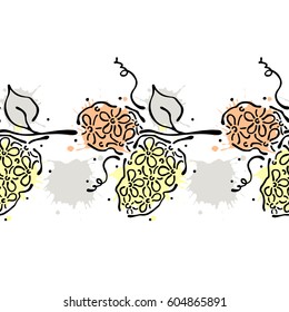 Seamless vector hand drawn floral pattern, endless border Colorful frame with flowers, leaves. Decorative cute graphic line drawing illustration. Print for wrapping, background, fabric, decor, textile