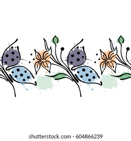 Seamless vector hand drawn floral pattern, endless border Colorful frame with flowers, leaves. Decorative cute graphic line drawing illustration. Print for wrapping, background, fabric, decor, textile